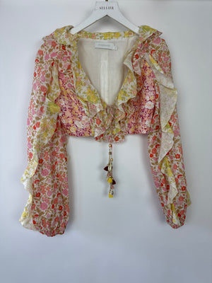 Zimmermann Pink Floral V-Neck Ruched Long Sleeve Top with Shell Tie Detail Size 0 UK 8)