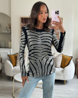 Balmain Black Crystal Embellished Zebra Pullover Long Sleeve Top With Shoulder Pads Size FR 36 (UK 8)