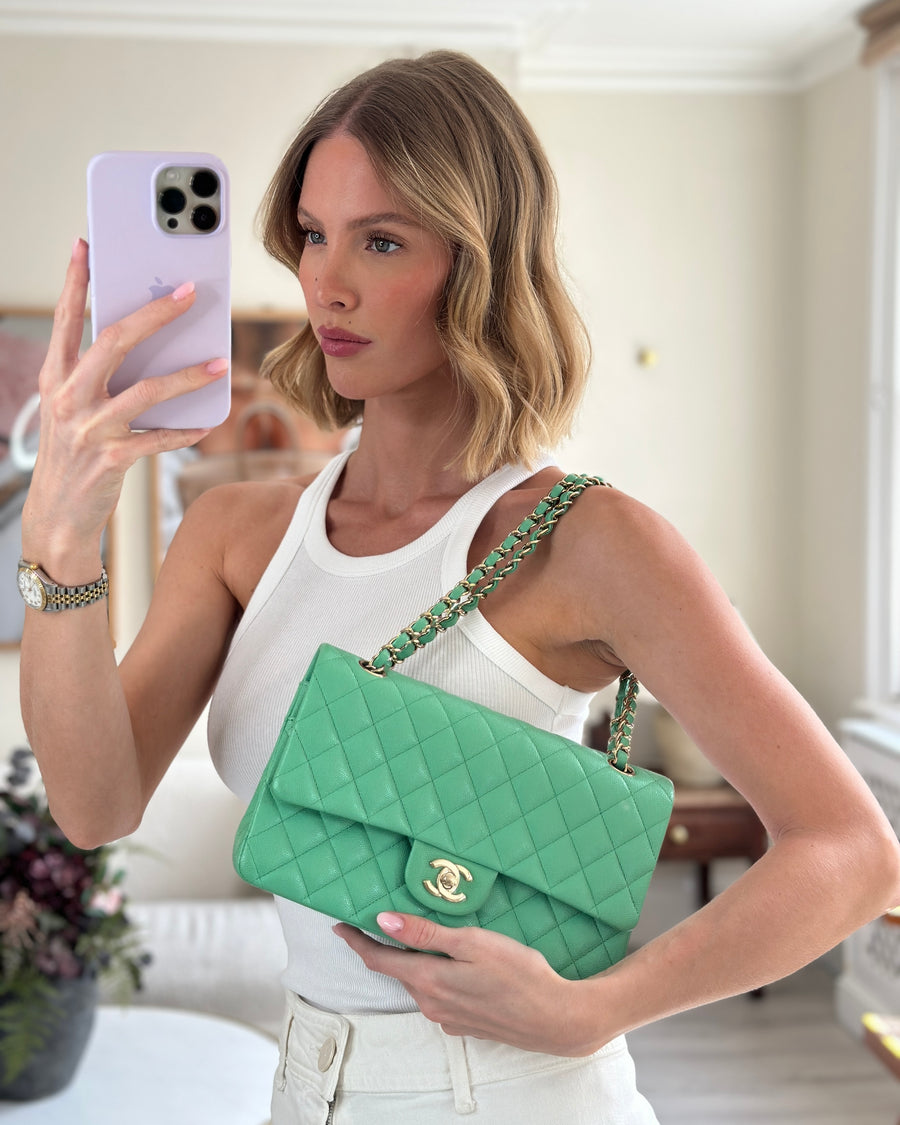 Chanel Mint Green Medium Classic Double Flap in Caviar Leather with Champagne Gold Hardware