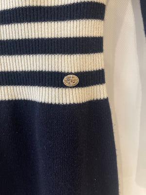 Chanel Navy and White Striped Long-Sleeve Cashmere Mini Dress with CC Logo Button Detail Size FR 34 (UK 6)