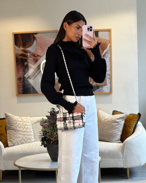 *HOT* Chanel White Tweed Mini Rectangular Single Flap Bag with Black 
White Details and Silver Hardware