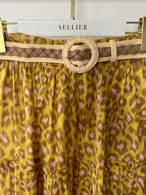 Zimmermann Lemon Leopard Carnaby Tiered Skirt with Raffia Belt Size 1 (UK 10)