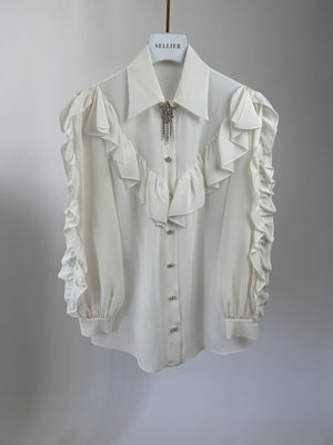 Miu Miu White Silk Blend Long Sleeve Blouse with Ruffle and Crystal Detail Size IT 38 (UK 6)