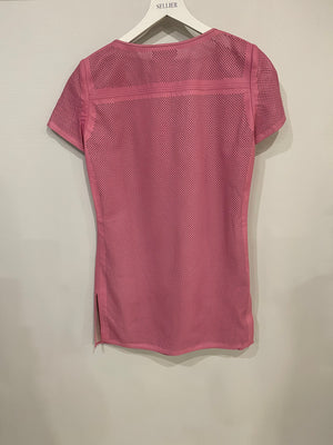 Chanel Pink Lambskin Leather Perforated Short-Sleeve Tunic Top with CC Logo Size FR 36 (UK 8)