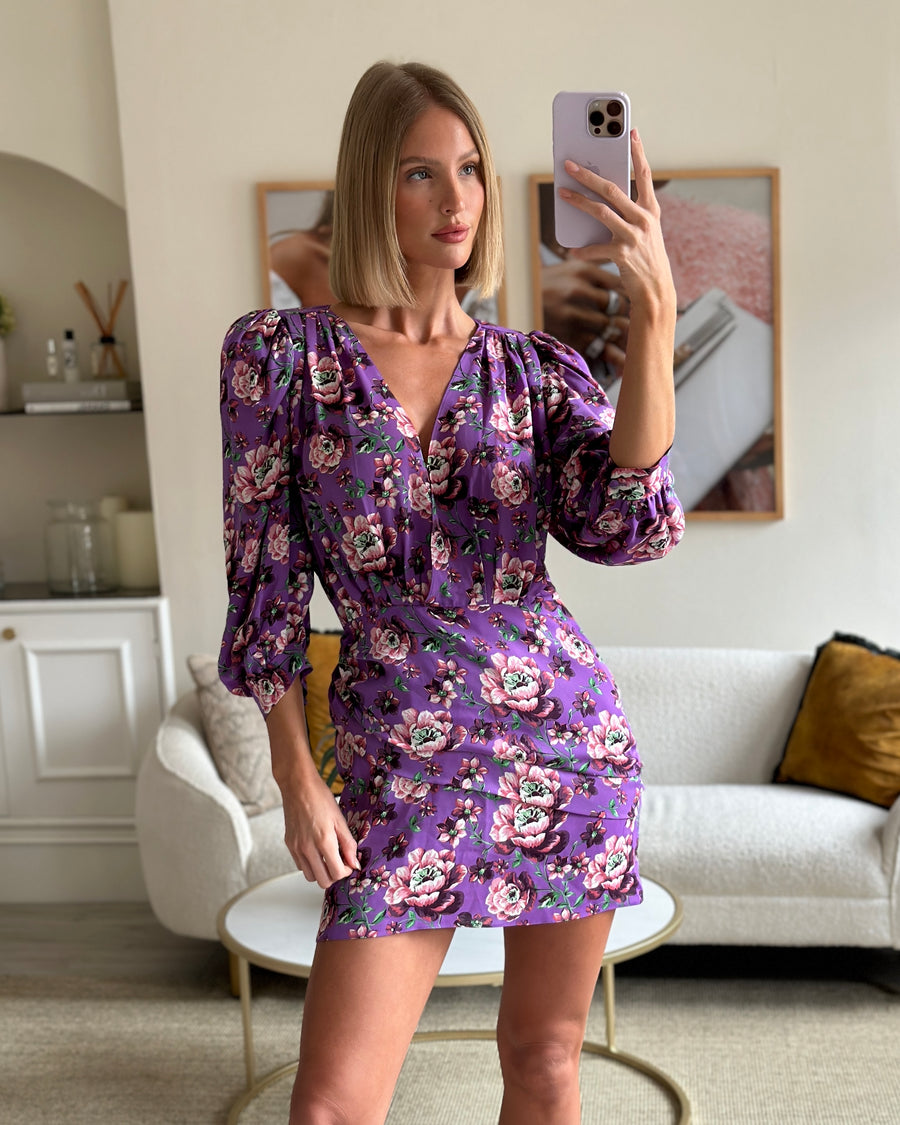 Magda Butrym Purple Floral Silk Mini Dress with Shoulder Pads Size FR 38 (UK 10)