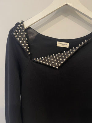 Saint Laurent Black Jumper with Leather Collar 
Stud Details Size FR 36 (UK 8)