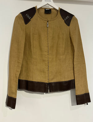 *VINTAGE* Fendi Brown Round Neck Jacket with Leather Trim Detail IT 42 (UK 10)