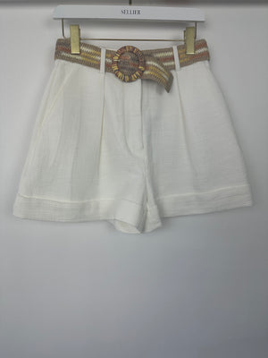 Zimmermann White Linen Shorts With Braided Beige Belt Size 0 (UK 8)