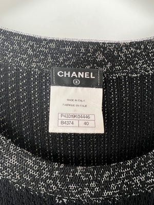 Chanel 12P Black Knitted Short-Sleeve Dress with White Trim Detail FR 40 (UK 12)