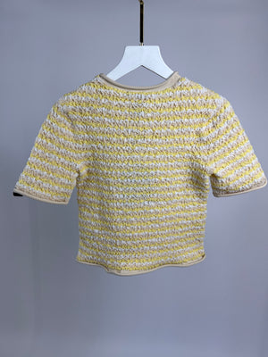 Louis Vuitton Cream and Yellow Ruched Crop T-shirt with Monogram Sleeve Detail Size S (UK 8)