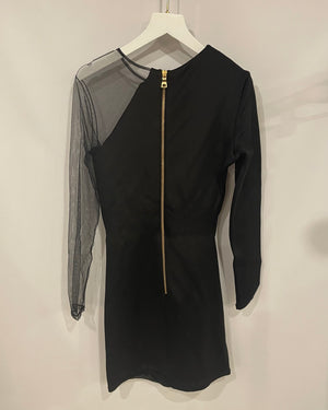 Balmain Black Mini Draped Dress with Mesh Sleeve Detail Size FR 38 (UK 10)