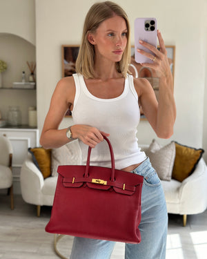 *FIRE PRICE* Hermès Birkin 35cm Retourne Bag in Rouge Clemence Leather with Gold Hardware