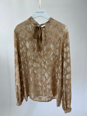 Saint Laurent Beige, Metallic Gold Floral Print Blouse with Tie Neck Size FR 40 (UK 12)