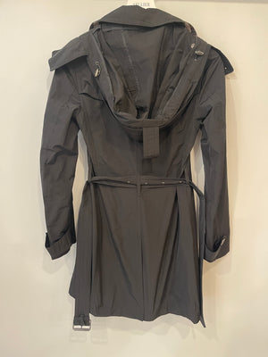 Burberry Black Trench Coat with Belt and Silver Logo Button Details Size UK 4