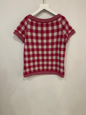 Chanel Pink and White Gingham Cashmere Short-Sleeve Top with CC Logo Size FR 38 (UK 10)