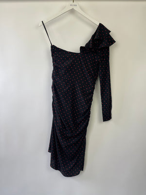 Veronica Beard Black and Red Polka Dot Silk Midi Dress with One Sleeve Size 2 (UK 6)