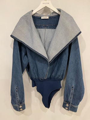 Alaïa Denim Blue Long-Sleeve Hooded Bodysuit Size FR 40 (UK 12) RRP £1,265