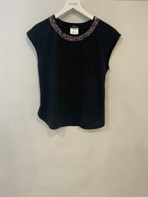 *FIRE PRICE* Chanel Black Top with Collar Embellishment and CC Logo Detail Size FR 38 (UK 10)