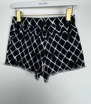 Chanel Black Denim Mini Shorts with Quilted Print in Blue 
White with Anchor Button Detail Size FR 34 (UK 6)