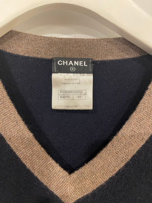 Chanel Navy Cashmere Jumper with Metallic Brown Details and CC Logo Buttons Size FR 40 (UK 12)