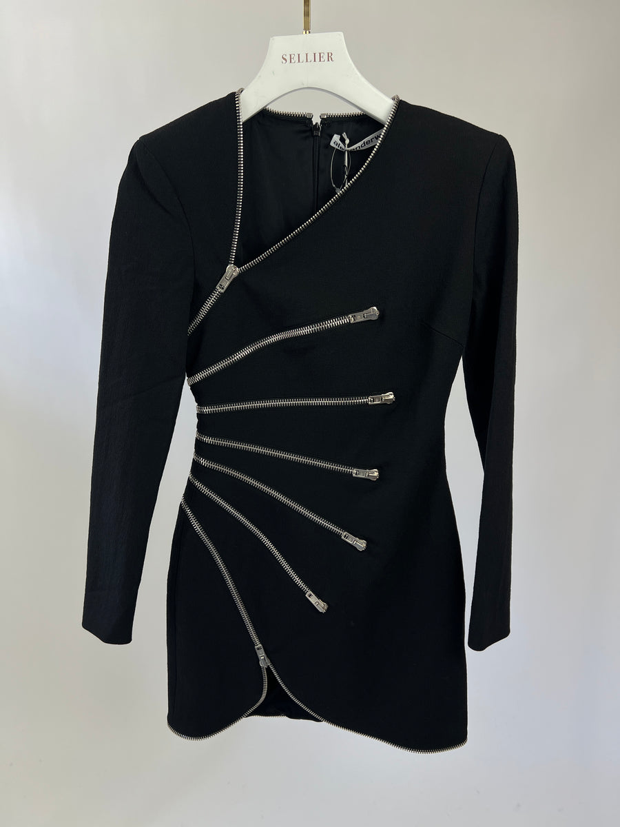 Alexander Wang Black Long-Sleeve Mini Dress with Silver Zip Detail Size US 0 (UK 4)