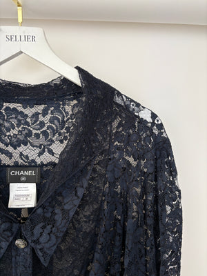 Chanel Navy Lace Long Sleeve Shirt with Ruthenium Buttons Detail Size FR 36 (UK 8)