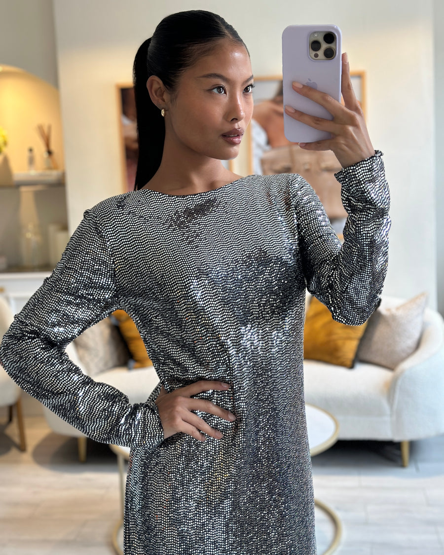 Gucci Silver Sequin Split Long Sleeve Maxi Dress with Patent Leather Strap Detail IT 42/44 (UK 10/12)