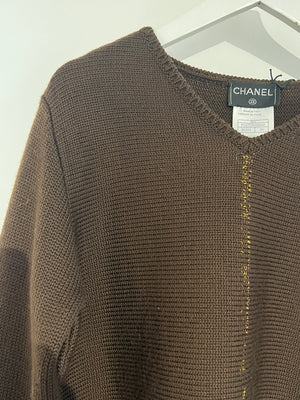 Chanel 99/A Brown V Neck Knitted Jumper with Gold Stitch Detail FR 38 (UK 10)