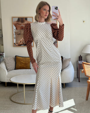 Rejina Pyo Cream, Brown Polka Dot Long-Sleeve Midi Dress Size UK 10