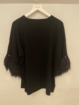 Valentino Black Oversized T-Shirt with Feathers Sleeve Details Size IT 42 (UK 10)