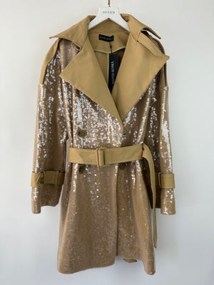 David Koma Beige Sequin Belted Trench Coat Size UK 8