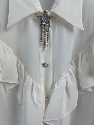 Miu Miu White Silk Blend Long Sleeve Blouse with Ruffle and Crystal Detail Size IT 38 (UK 6)