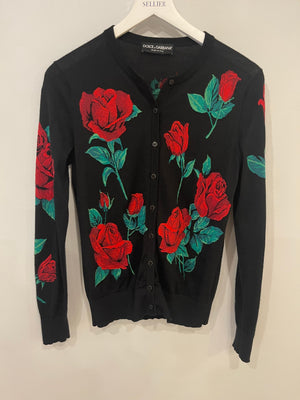 Dolce 
Gabbana Black and Red Floral Cashmere Cardigan Size IT 40 (UK 8)