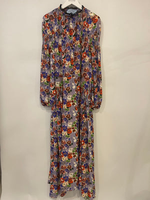 Prada Purple 
Red Floral Long Sleeve Maxi Dress with Belt Detail Size IT 40 (UK 8)