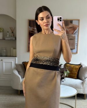 Giambattista Valli Camel Halter-Neck Midi Dress with Leopard Print Waist Detail IT 42 (UK 10)