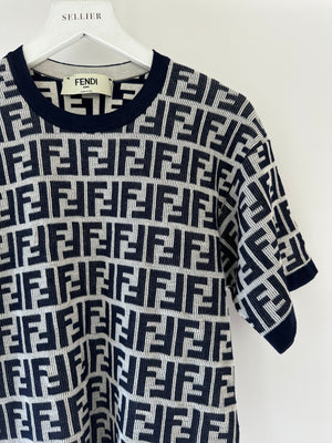 Fendi Navy and White FF Monogram Knit Short Sleeve T-Shirt Size IT 36 (UK 4)