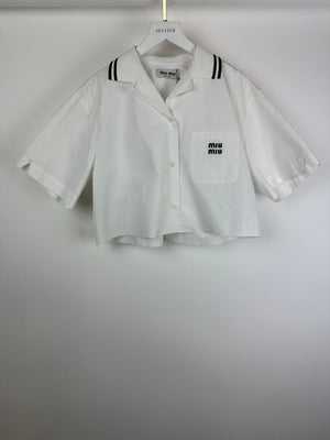 *HOT* Miu Miu Cropped White Short Sleeve Poplin Shirt With Logo Detail Size IT 36 (UK 6)