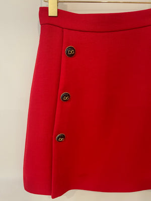 Dolce 
Gabbana Red Wool Mini Skirt with Black and Gold Logo Buttons Size IT 38 (UK 6)