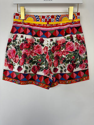 Dolce 
Gabbana Red Rose Mambo Print Floral High-Waist Cotton Shorts Size IT 40 (UK 8)