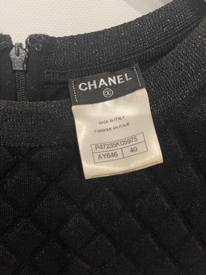 Chanel Black Padded Shimmery Short Sleeve Bodycon Mini Dress with CC Logo Detail Size FR 40 (UK 12)