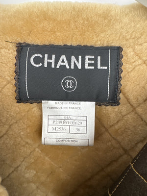 Chanel Brown Quilted Stitch Shearling Zip -Up Jacket With Double Collar Detail FR 36 (UK 8)