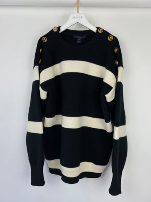 Louis Vuitton Black, White Stripe Knitted Jumper with Gold Anchor Button Detail Size XS (UK 6)