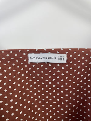 Faithfull the Brand Brown with White Polka Dot Wrap Crop Top and Midi Skirt with Belt Set Size S (UK 8-10)