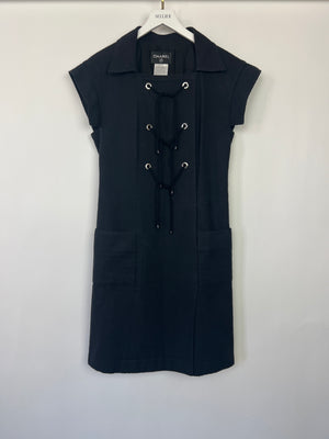 Chanel 07C Black Tweed Short-Sleeve Dress with Eyelet Tie Detail Size FR 42 (UK 14)