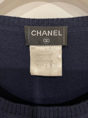 Chanel Navy Cashmere Long-Sleeve Jumper with White CC Logo Embroidery Size FR 38 (UK 10)