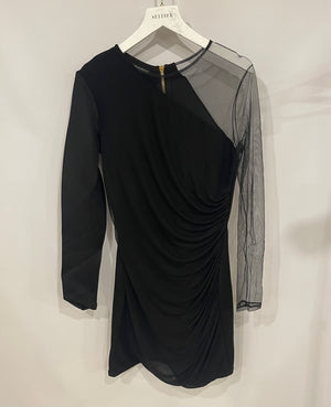 Balmain Black Mini Draped Dress with Mesh Sleeve Detail Size FR 38 (UK 10)