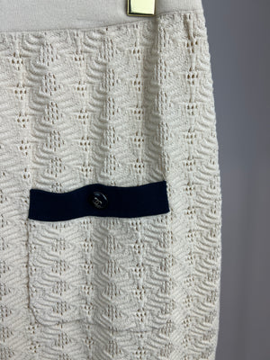 Chanel Cream Knitted Midi Skirt with Navy Pocket Detail Size FR 42 (UK 14)