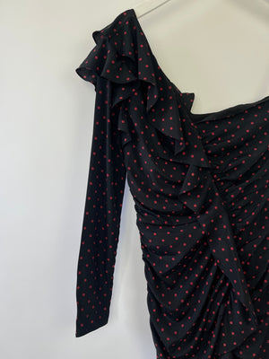 Veronica Beard Black and Red Polka Dot Silk Midi Dress with One Sleeve Size 2 (UK 6)