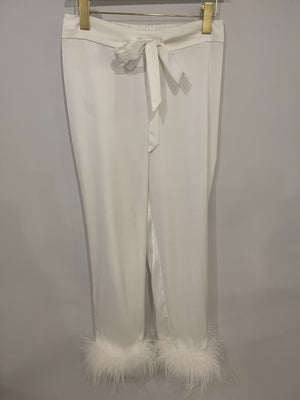 Nadine Merabi White Pyjama Shirt and Trousers Set with Feather and Crystal Button Details Size S (UK 8)