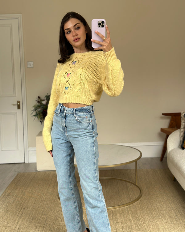 Alessandra Rich Yellow Long-Sleeve Cropped Sweater with Flower Detail IT 38 (UK 6)